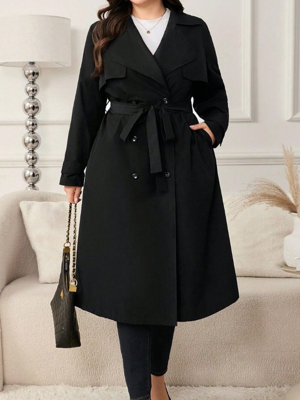 Black Elegant Women's Plus Size Long Lapel Trench Coat